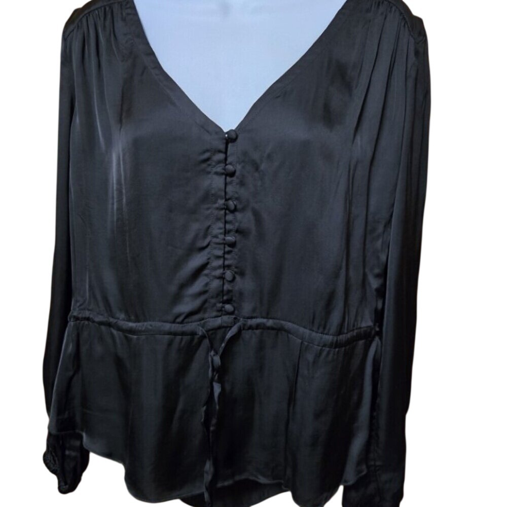 Chaser NWT Black Satin Button Front Drawstring Waist V-Neck Blouse Size M
